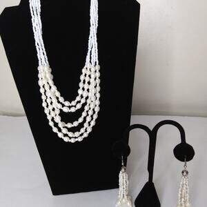 Multi Strand Faux Pearl Seed Bead Necklace Earrings Set Tassels Stainless Steel